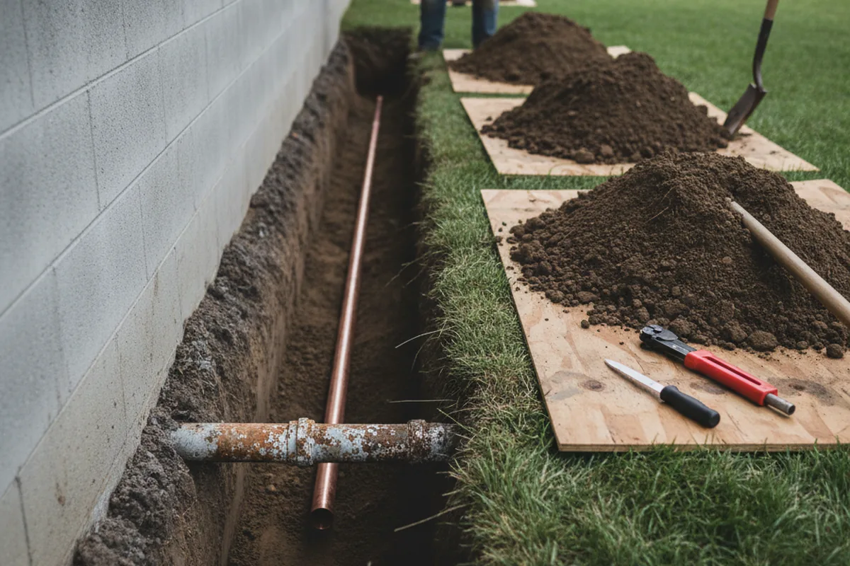 Excavated water line trench during Water Heater Repair in Plessis